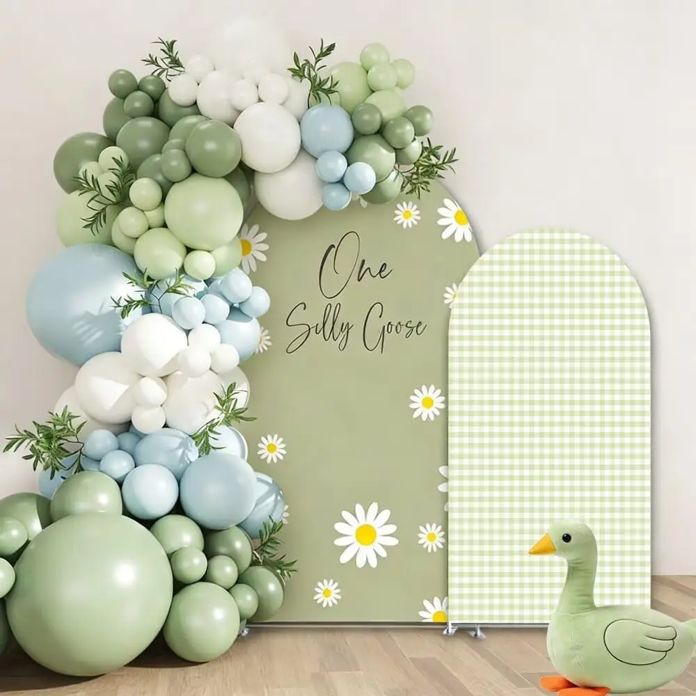 Custom 2-sided Olive Green One Silly Goose Party Background Daisy Plaids Kids 1st Birthday Baby Shower Arch Backdrop Cover