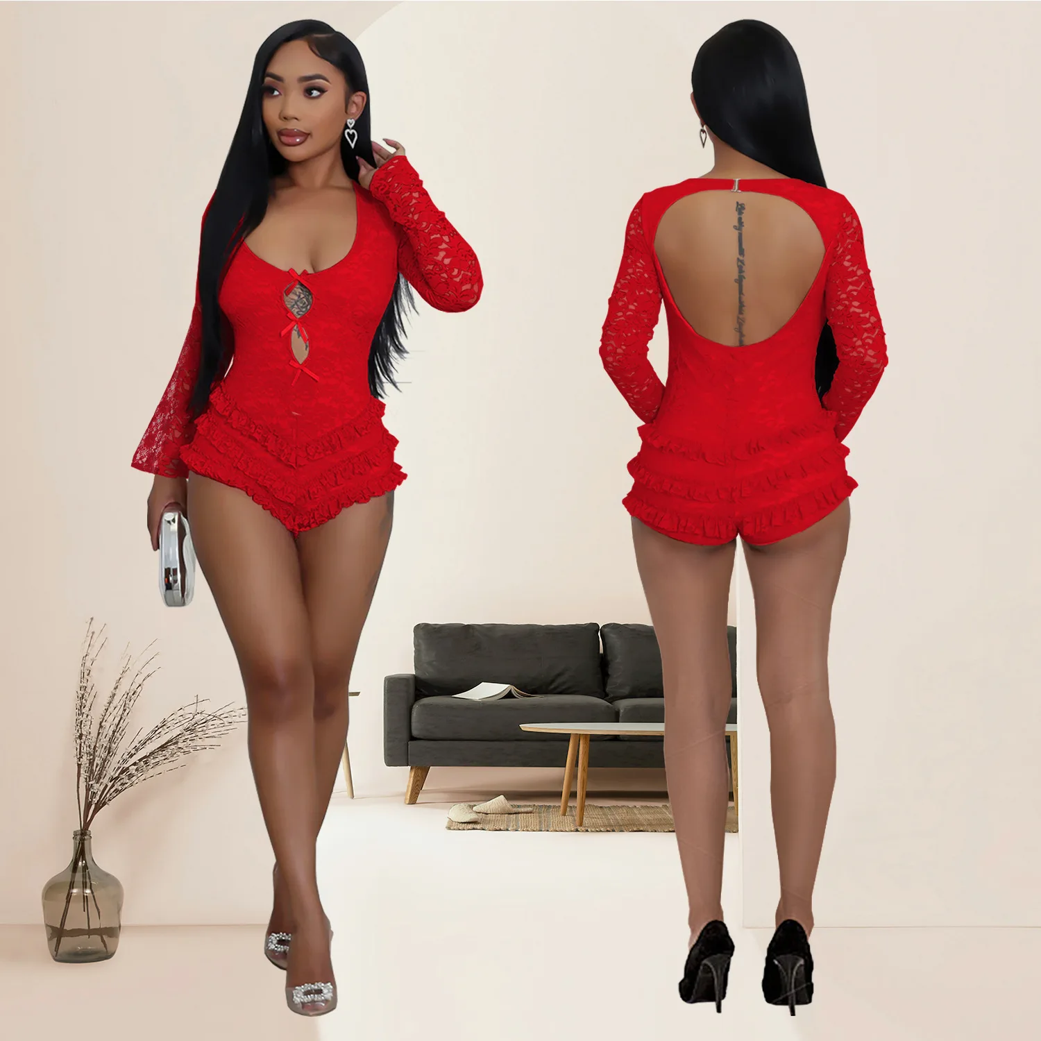 

C7245 Fashionable Women's Sexy Backless Flared Sleeve Lace Jumpsuit Skirt