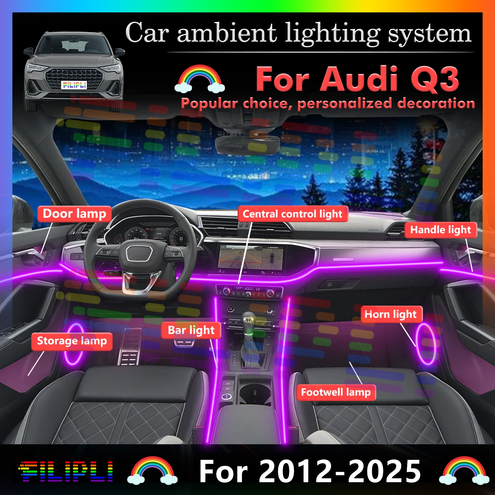 

For Audi Q3 Auto LED Interior Ambient Lighting, Colorful Mood Lamp for Enhanced Driving Experience
