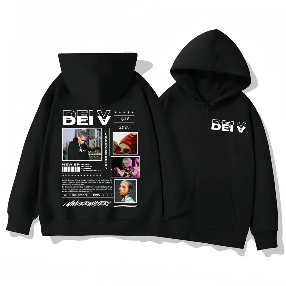 

Rapper Dei V Quien Es Dei V Tour 2025 Zipper Hoodie Hip Hop Vintage Zip Up Hooded Sweatshirt Men Women Fashion Casual Pullovers