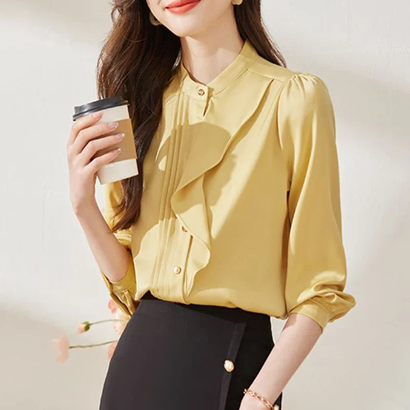 Women Ruffle Elegant Chic Button Up Shirt Fashion Stand Collar Office Lady Business Casual Blouse Solid Long Sleeve Tops Blusas