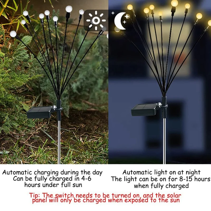 2PCS 10 Head Solar Powered Firefly Lights, 10 LED Outdoor Waterproof Solar Starburst Swaying Garden Lights