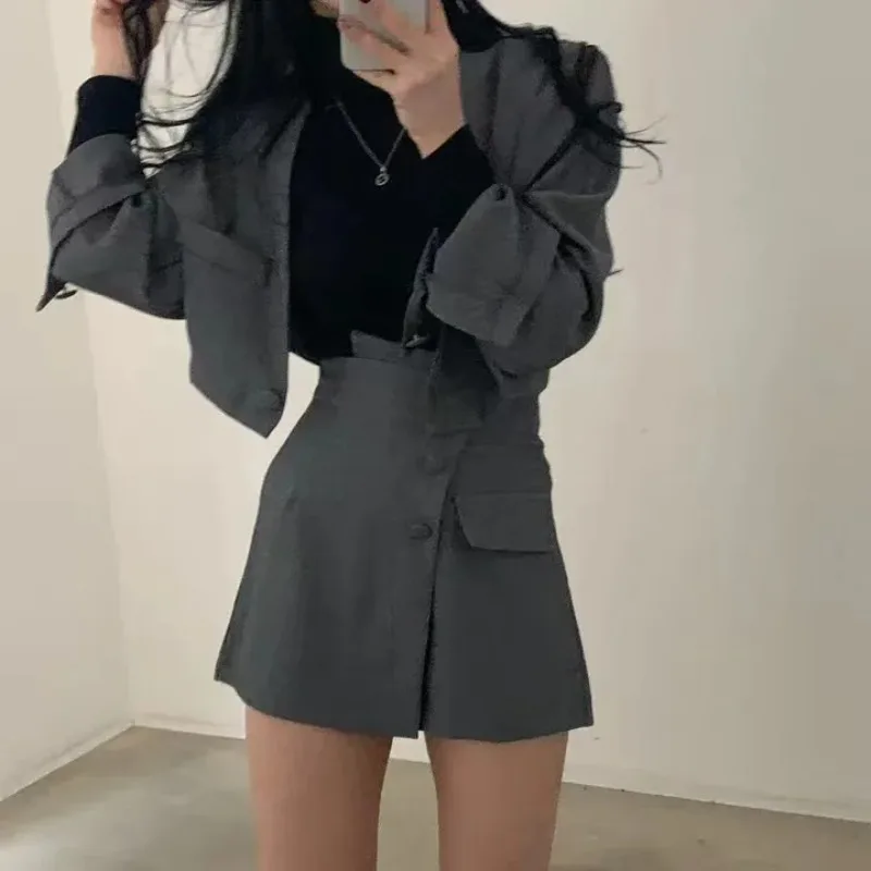 Gray Design High-end Women\'s Suit Skirt Spring and Autumn Jacket Commuter Casual Fashion Two-piece Thin Coat Blazer