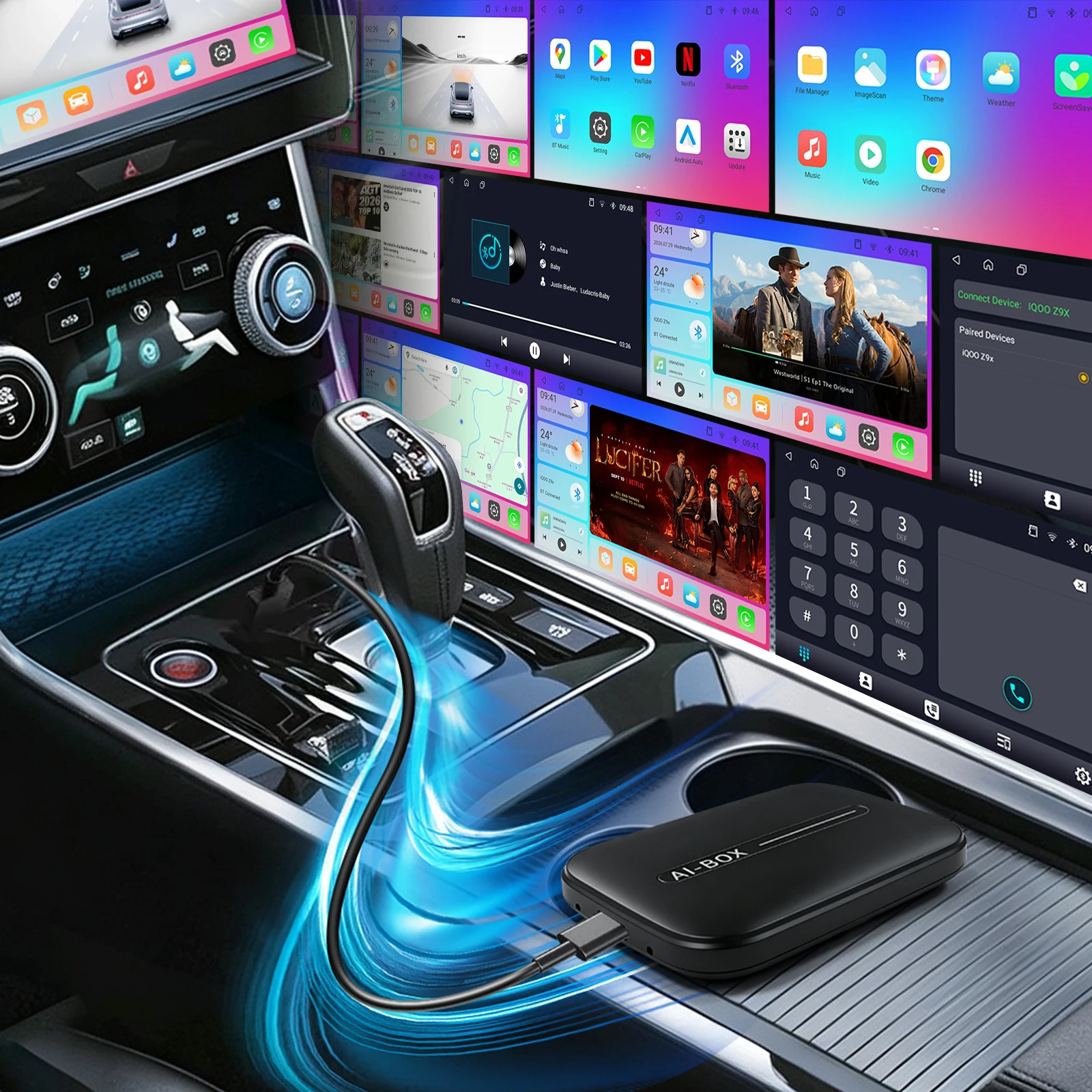 Android 13 Wireless CarPlay AI Box , 3 in 1 Wireless CarPlay Android Auto Adapter, Quad Core Streaming Box with YouTube Netflix