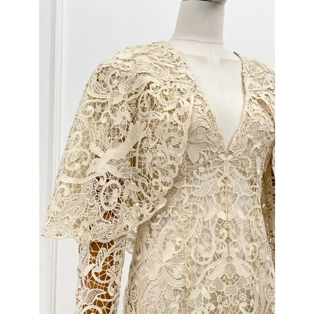 Cream Beige Lace Patchwork Long Sleeve Deep V Neck Midi Dress Top Quality As Picutre