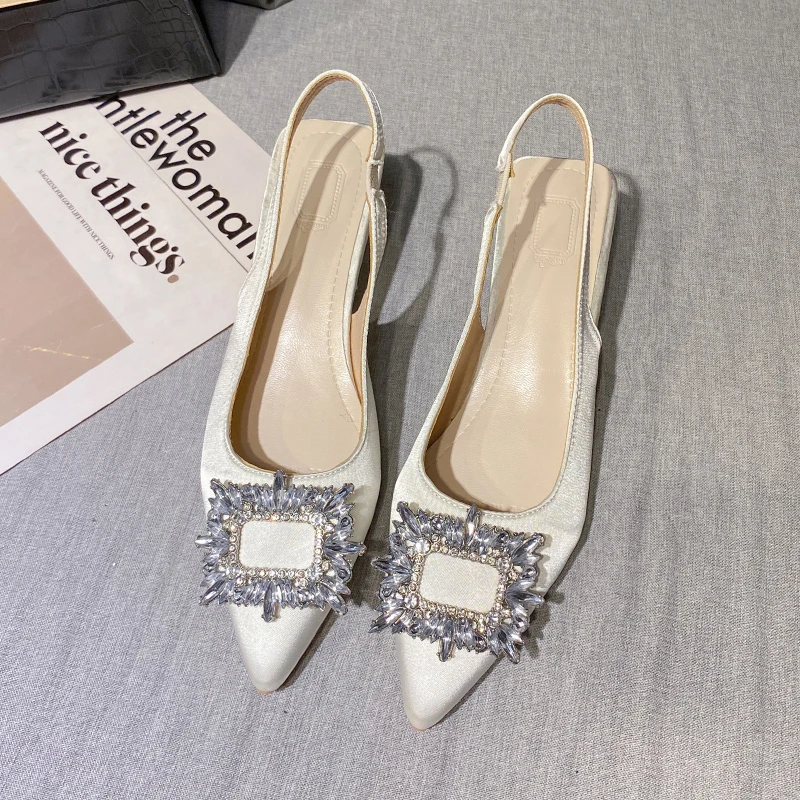 Square Buckle Back Hollow Stiletto Heel Pointed Toe Shoes Baotou Sandals for Women  New Summer Rhinestone