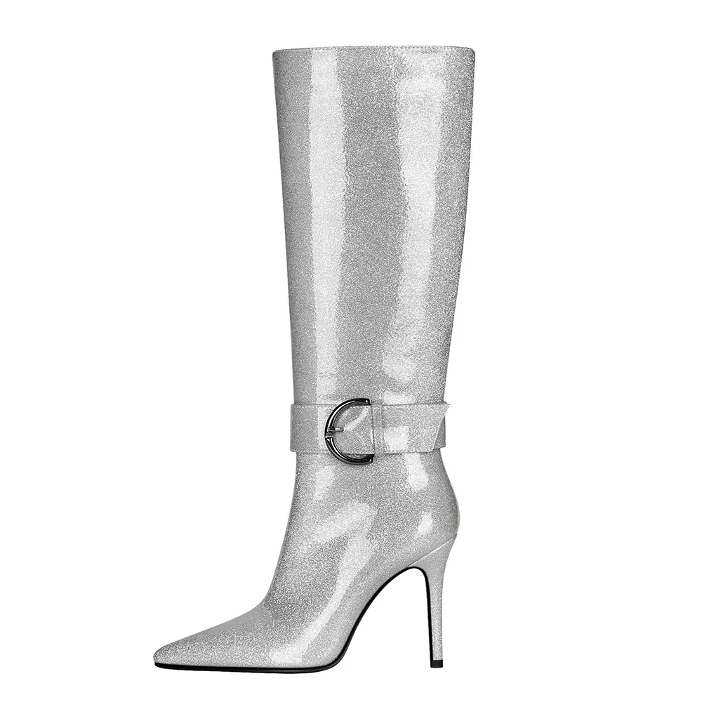 

Glitter Silver High Heel Leather Boots for Women Metal Buckle Pointed Toe Thin Heel Fashion Women's Shoes Stilettos Sexy Boots