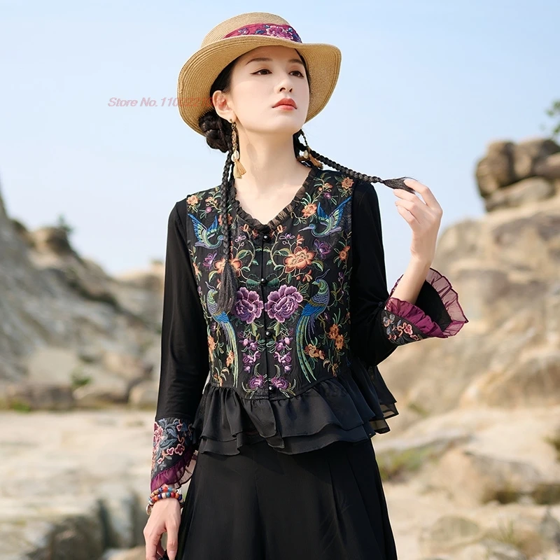 

2025 chinese vintage v-neck vest national flower embroidery satin jacquard vest sleeveless jacket lace patchwork vest hanfu tops