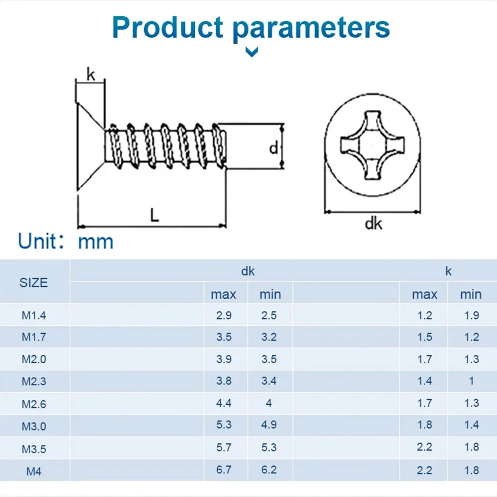 30-100pcs Flat Tail Carbon Steel Phillips Self-tapping Screw M1.2 M1.7 M2 M2.6 M3 M4 M5 Cross Recessed Round Head Tapping Screws