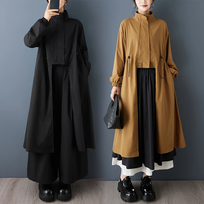 

k Sle Irregular Zipper Loose Casual Long Coat with Dstring Faionable Slimming Design Stand Collar Full Sve Polye...