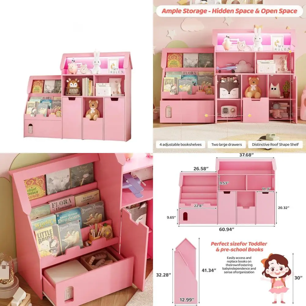 

Розовый органайзер для игрушек в форме замка с 2 ящиками, 2 шкафчиками, 8 секциями и светодиодной подсветкой для детской спальни или игровой комнаты