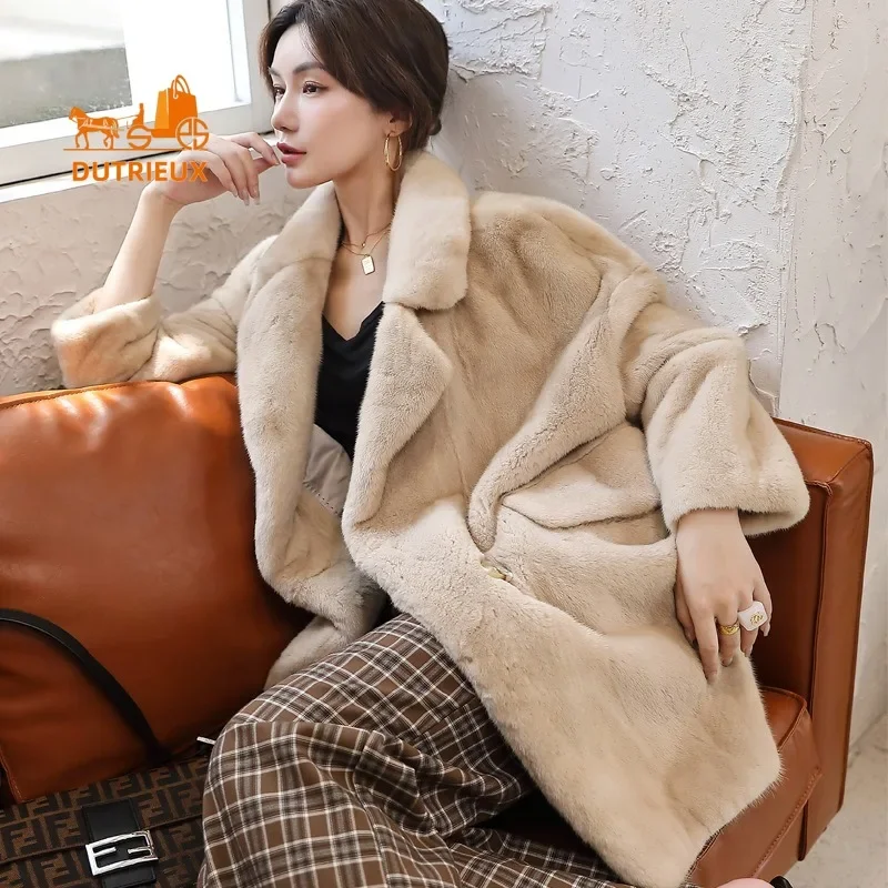 2024 Winter New Luxury Mink Coat , Women's Temperament 100% Velvet Mink Real Fur Lapel Hooded Mink Jacket , Mid-Length Fur Coat