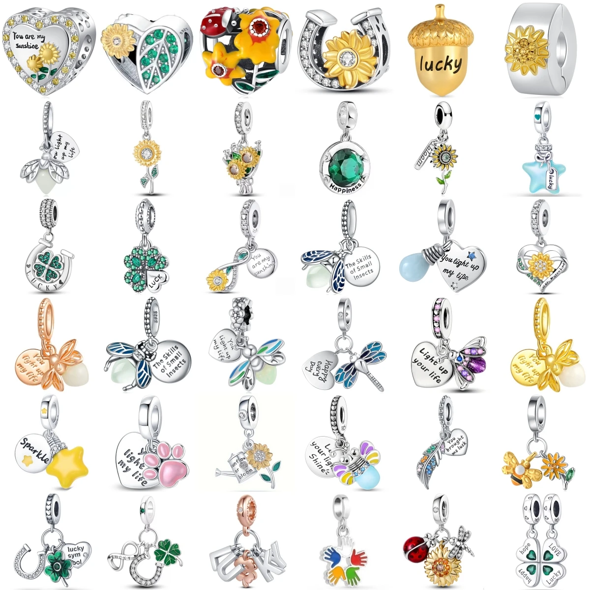 Lucky Charms Sunflower Four Leaf Clover Bee Heart Beads Silver Dangle Pendant Fit Bracelet Necklace Inspirational Jewelry Gift