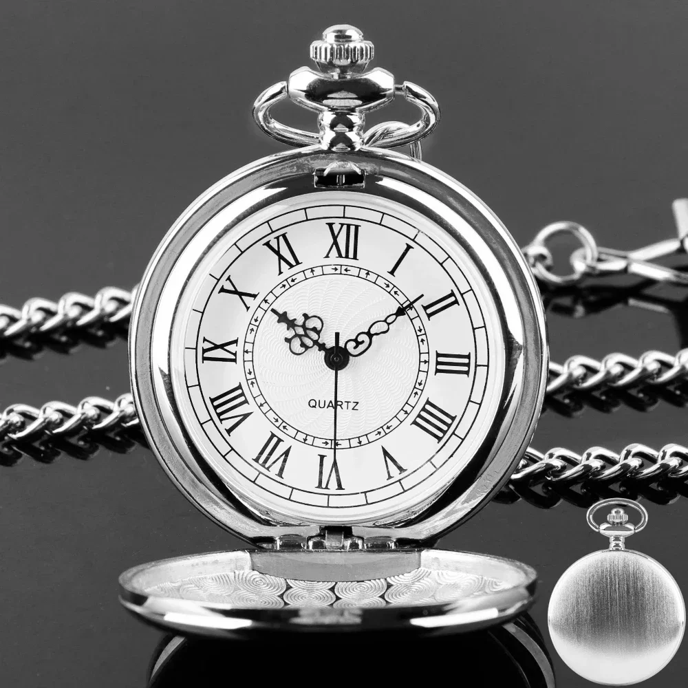 FOB Pocket Watch with Luxury Smooth Silver Pendant, Modern Analog Clock with Roman Numerals,Unisex Chain, Gift