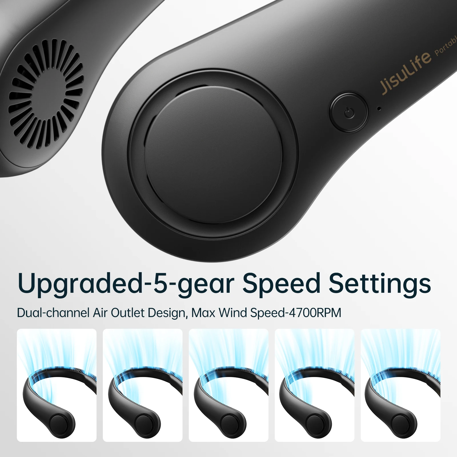 Портативный шейный вентилятор JISULIFE, безлопастной, 5 скоростей, перезаряжаемая батарея 4000 мАч, портативный шейный вентилятор с поворотным управлением