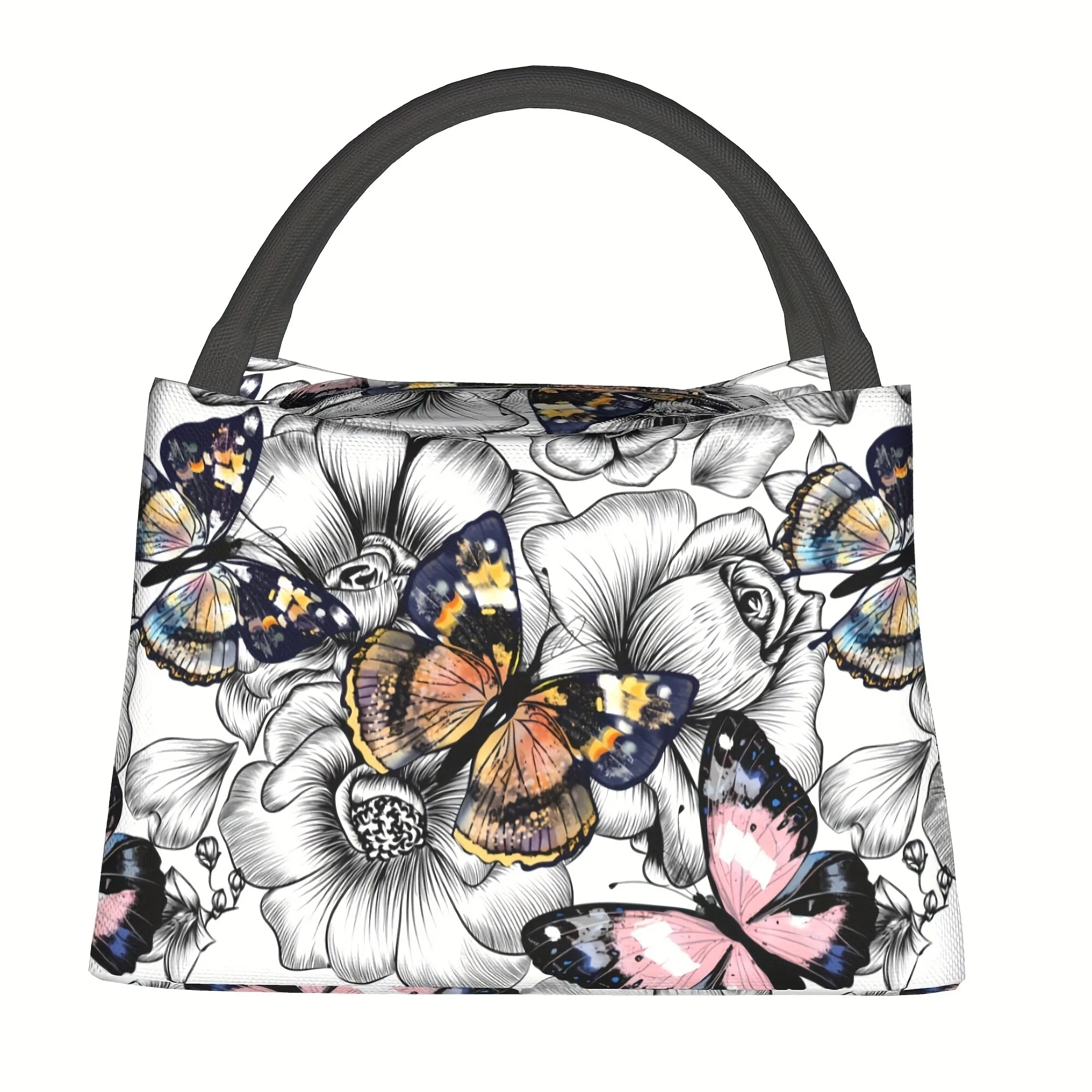 Black White Floral Butterfly Print Insulated Lunch Bag Reusable Cooler Bag for Camping Picnic Office