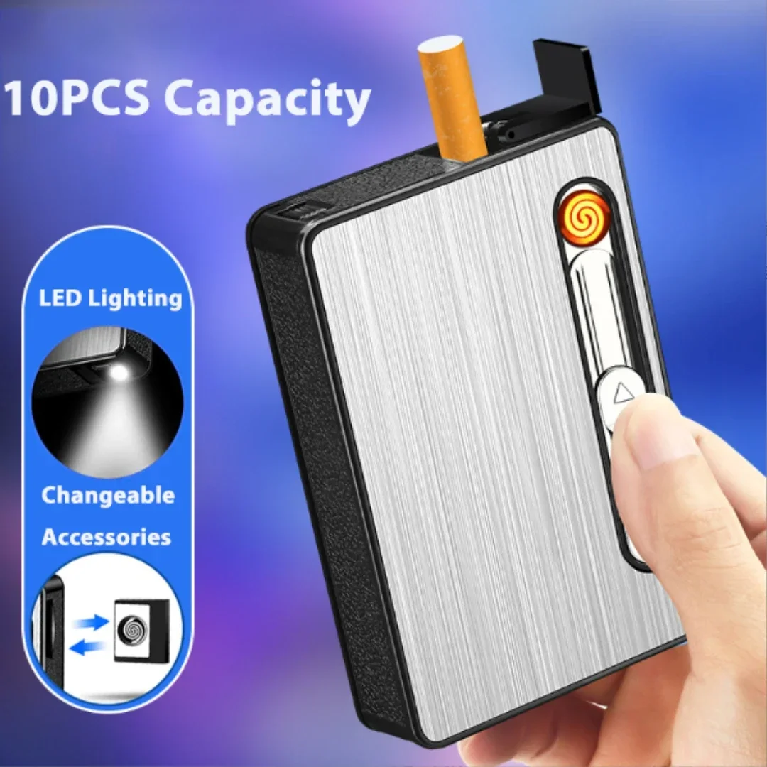 Portable Automatic Cigarette Case USb Rechargeable Electronic Lighter with LED Light Cigarette Case 10 Cigarettes Men\'s Gadgets