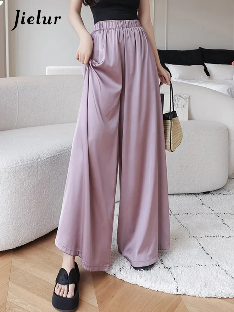 

Jielur Purple Elastic Waist Loose Women's Wide Leg Pants Solid Color Full Length Simple Female Pants Basic Simple Office Ladies