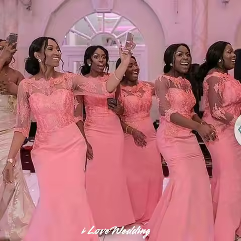 Pink Appliques Bridesmaid Dress Satin Half Sleeve Mermaid Floor Length Evening Dress Sweetheart Wedding Guest Dress Customized