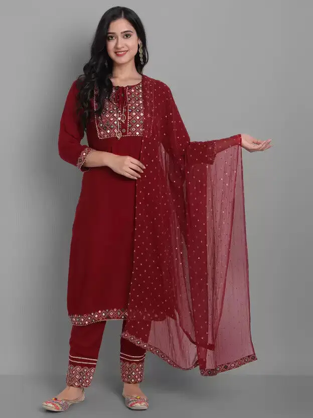 

Indian Red Kurta Pant and Dupatta Set Women Embroidered Salwar Kameez Suit