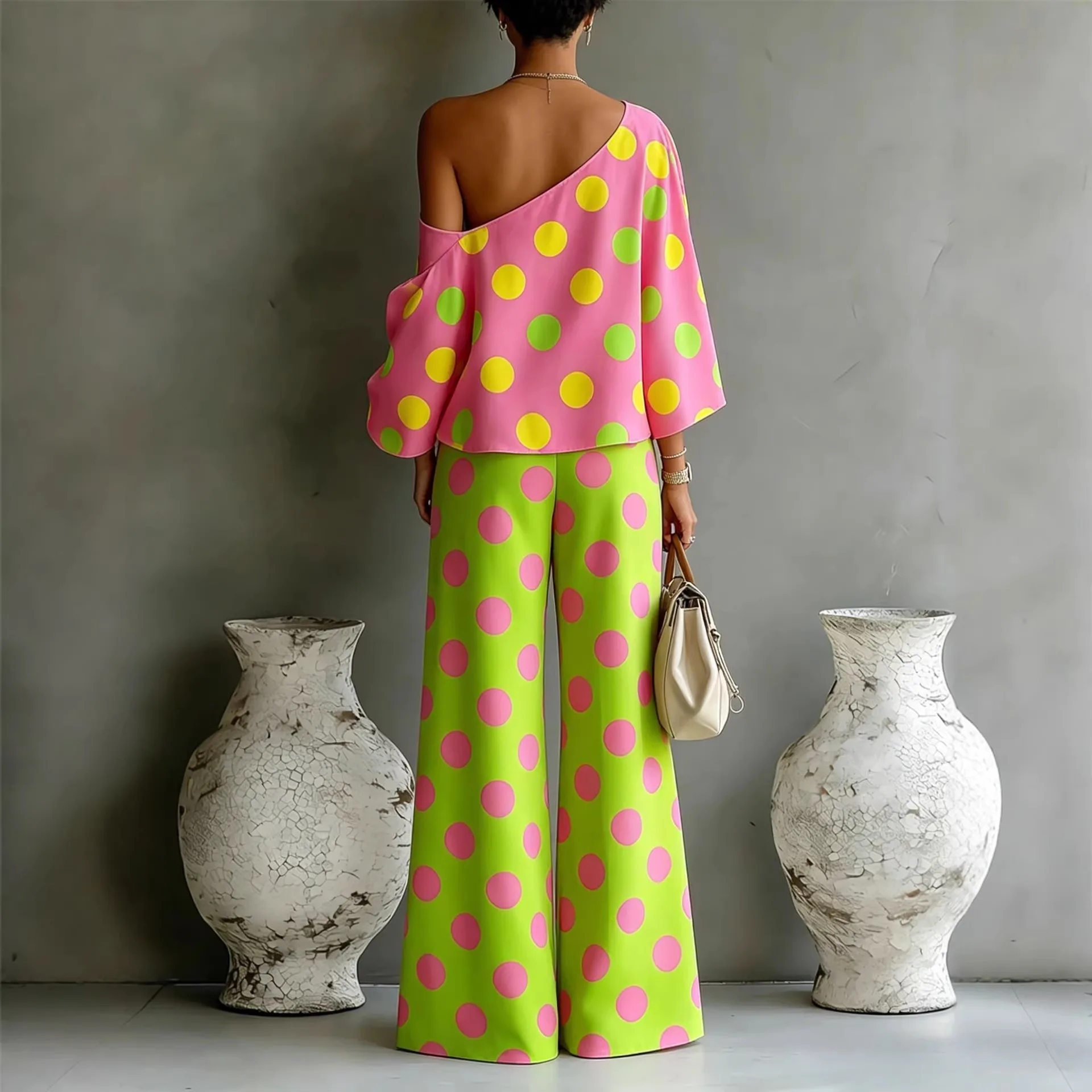 Summer Color Wave Point Set Women Slant Shoulder Open Back Top+High Waist Wide Leg Pants Vacation Style Loose 2 Piece Suit New