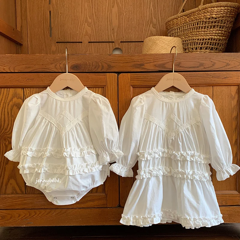 2026 New Spring Sister Dress Girl Birthday Party Dress Long Sleeved Cotton Solid Color Kids Princess Dresses Baby Girl Romper