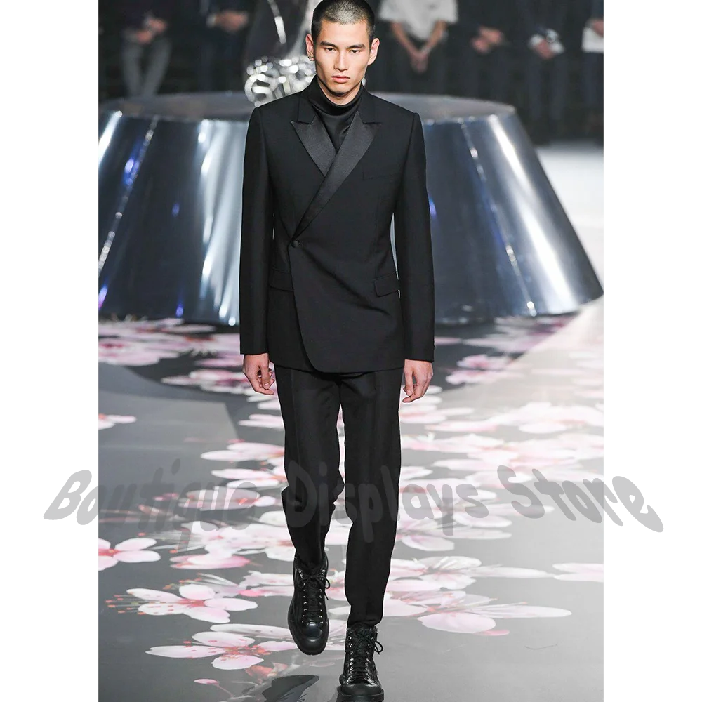 Men Black Asymmetric Tuxedo Suit Satin Peak Lapel Slim Tailored Blazer Pants Straight Runway Gala Casual Fashion Outfit Set
