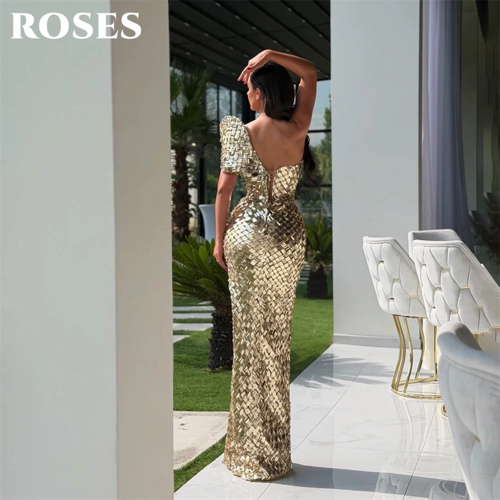ROSES Golden Prom Dresses One Shoulder Short Sleeve Evening Dress with High Split  Party Dress Trumpet Robe De Soirée Customized