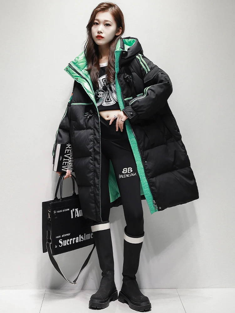 Women Thick Down Jacket 2023 Winter Stand Collar White Duck Down Warm Hooded Long Coat with Pocket Casual Chic Outwear