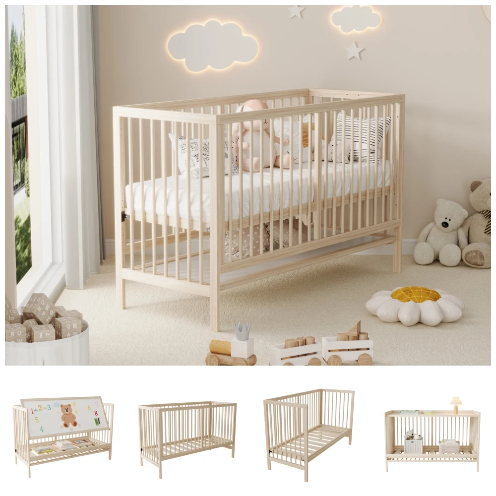 Multifunktionales Babybett aus Holz, das auf zusätzliches Bett, Malbrett, Rack, Schreibtisch, höhenverstellbar, ohne Matratze umwandelt werden kann