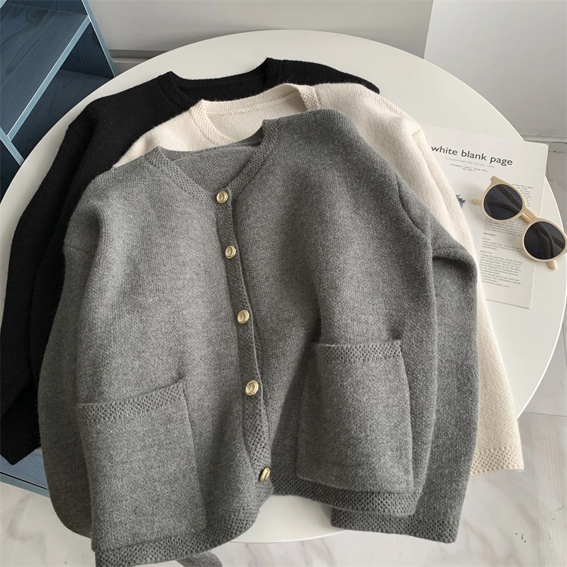 

Double Pocket Gold Button Sweater Women's Cardigan Short Knitted Coat Autumn