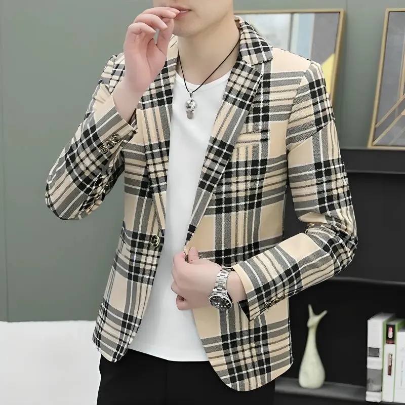 

Slim Fit Plaid Men's Spring New Casual Single-Breasted Jaet Trendy Youth Outerwear Polyester Fiber Stand Sle Long Sve
