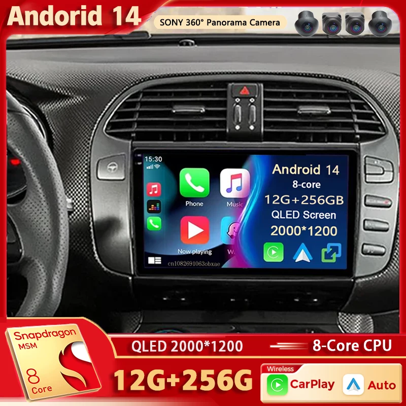 Android 14 For Fiat Bravo 198 2 II 2007 -2014 2K QLED Android Car Radio Multimedia Video Player GPS stereo CarPlay 4G Head Unit