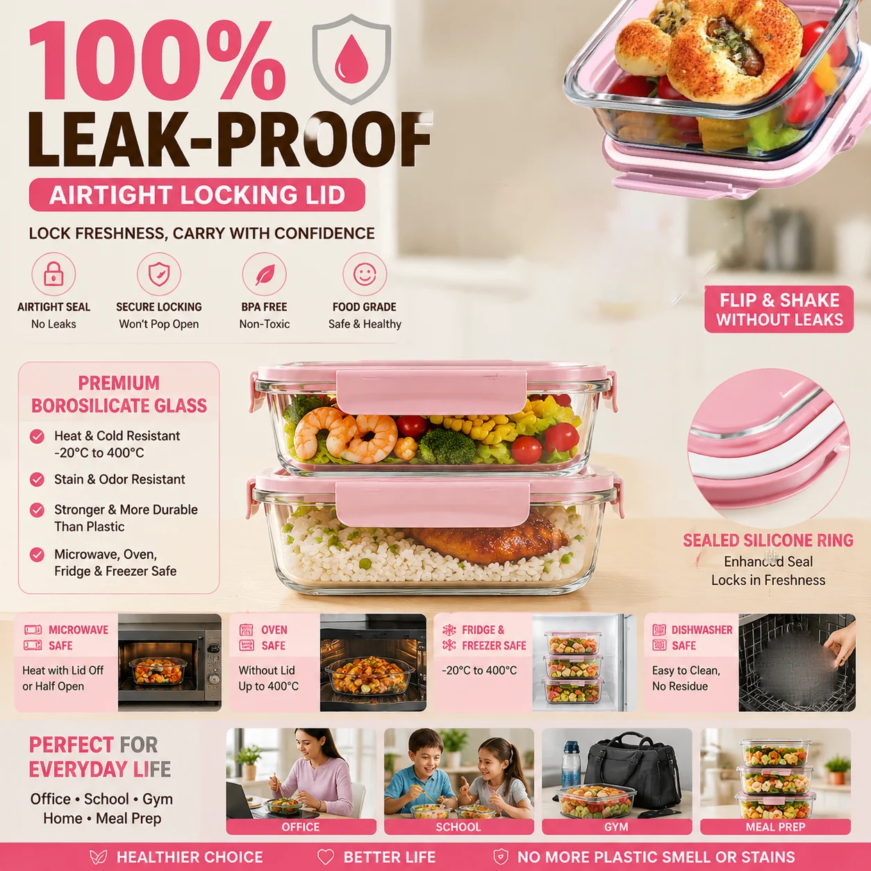Meal Prep Gym - Hochwertige Borosilikatglas-Lunchbox Luftdicht Auslaufsicher Bento-Behälter Mahlzeit-Vorbereitung