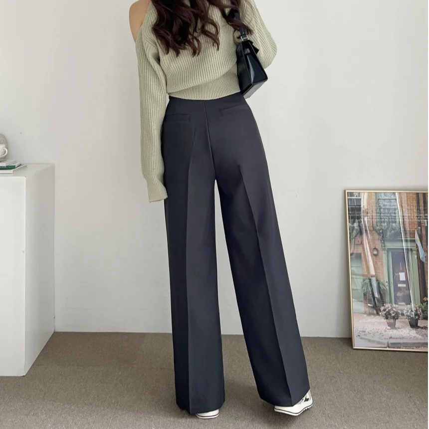 하이웨이스트 여성 정장 바지 한국 스타일 디자인 감각적인 와이드 레그 팬츠 봄 신상 캐주얼 바지