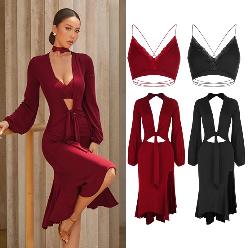 Sukienka do tańca latynoamerykańskiego ZYM z wycięciami, długi rękaw, strój do ćwiczeń dla kobiet, sukienka do rumby, cha-chy, tanga, strój konkursowy DNV24646