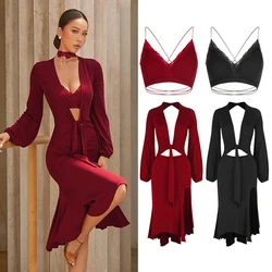 ZYM Hollow Out Latin Dance Dress Long SLeeves Practice Clothes Women Rumba Cha Cha Tango Dance Dress Competition Wear DNV24646