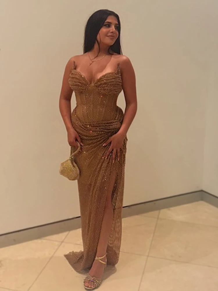 VC – robe longue luxueuse et Sexy en maille transparente dorée, sans bretelles, dos nu, avec taille torsadée, pour fête, bal, robe de soirée