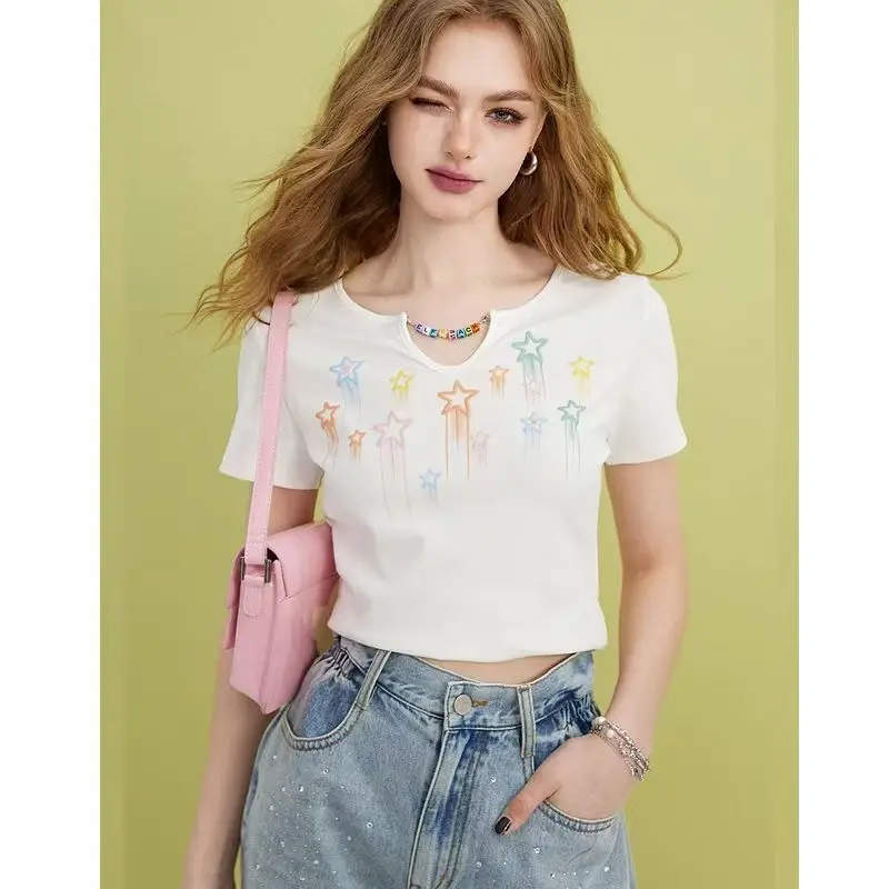 

Women Summer Fashion Star Print Chain Slim Short T-Shirts 2025 New Lady Trendy White American Vintage Crop Tops Hip Hop Tees