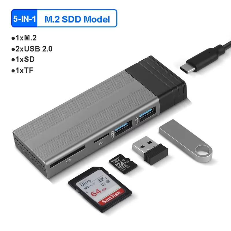 

5-в-1 USB C HUB M.2 NVMe NGFF SSD Корпус Type C HUB Док-станция с функцией хранения дисков SD TF Card Reader для ПК MacBook Pro Air