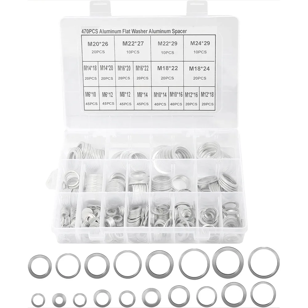 

470 Pcs Steel Flat Washers Assortment Kit Automotive Metric Oil Drain Plug Gasket Aluminum Flat Washer Assortment Kit