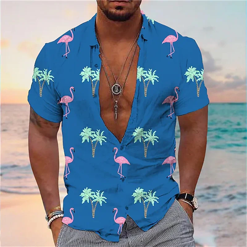 2023 men\'s shirt Hawaiian shirt flamingo coconut tree graphics 3D printing street casual short-sleeved shirt high quality