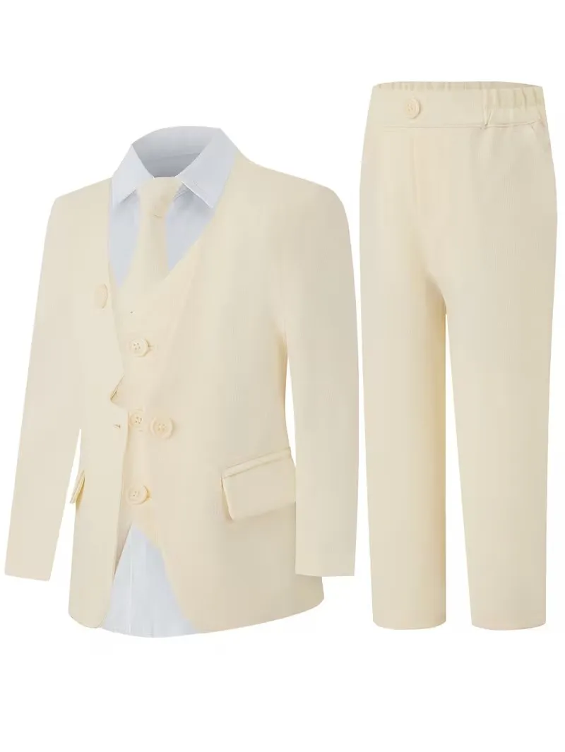 

90-160 Children Beige Spring Jacket Vest Pants Tie Evening Party Suit Kids Wedding Dress Boys Ceremony Photography Costume