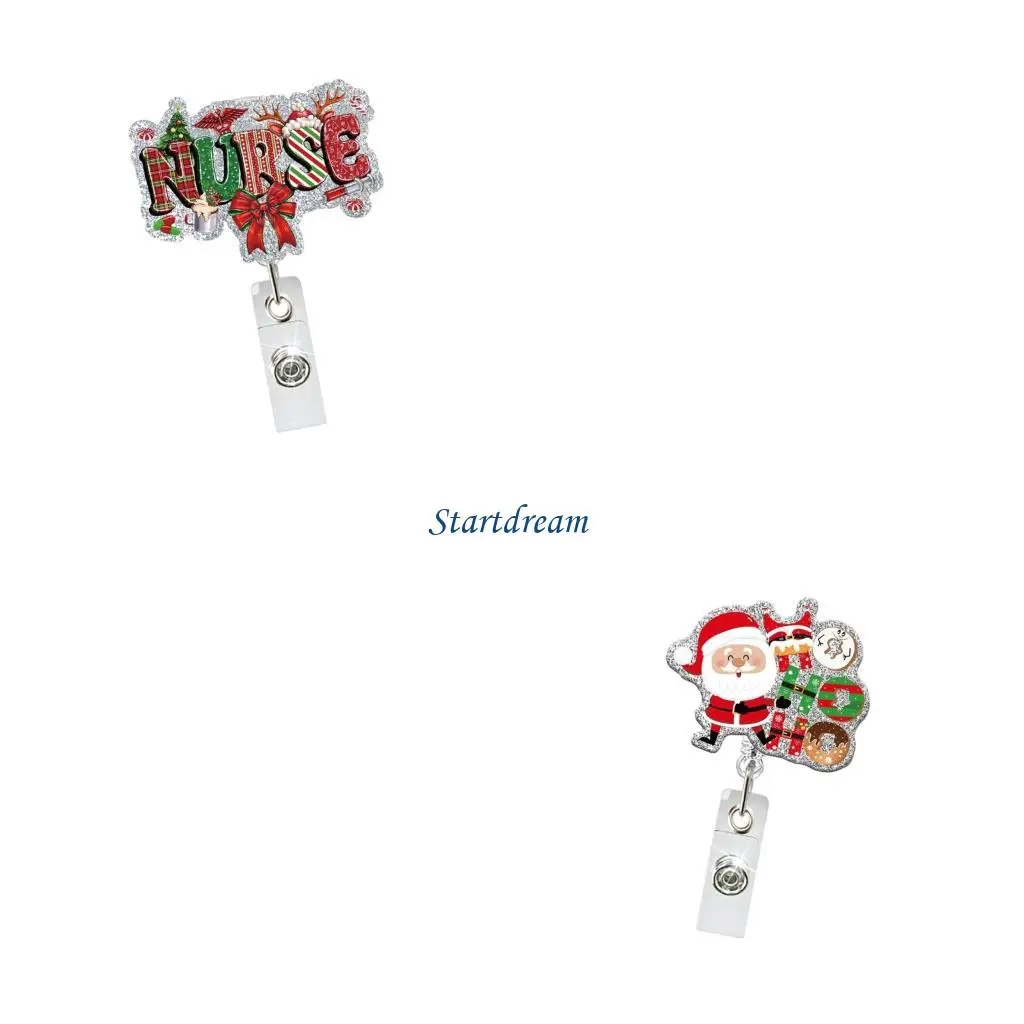 

Christmas Themed Sequins Badge Holder with Belt Clip Retractable ABS Badge Holder for Nurse Doctor Student Teacher K92C