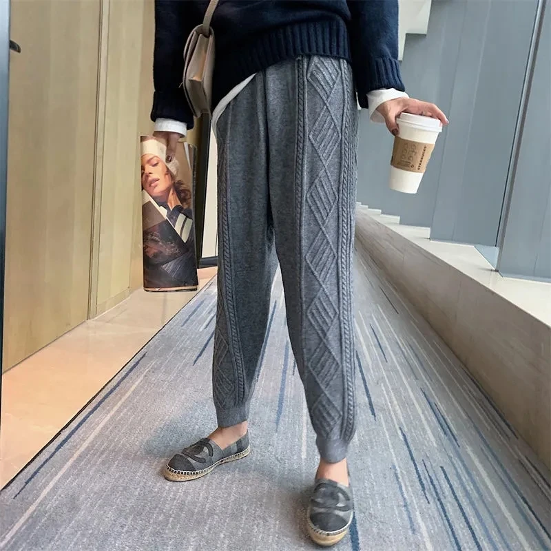 Casual Warm Knitted Harem Pants Women High Waist Stretch Knitwear Pantalones Ankle Length Sweatpants Fall Winter Baggy Trousers