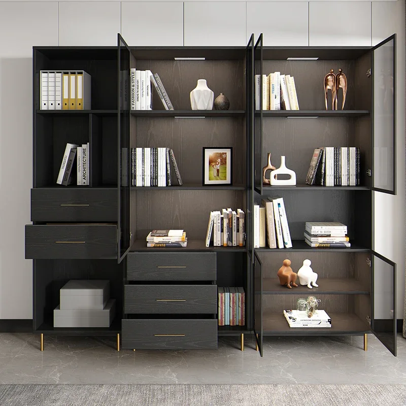 Simple modern bookcase light luxury wind band dust-proof tempered glass door against wall high-end floor display cabinet