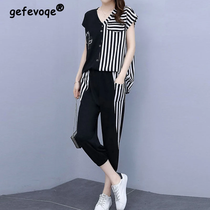 Casual Fashion Striped Short Sets Summer 2023 New V-Neck Short Sleeve Shirt Elastic Waist Ankle-Length Pants Loose Women\'s Sets