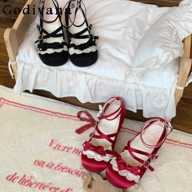 レディース向け和風ロリータシューズ 可愛いスイートドール ヴィンテージ ハイヒールパンプス 女性用 春夏 ピンクのリボンレースシューズ