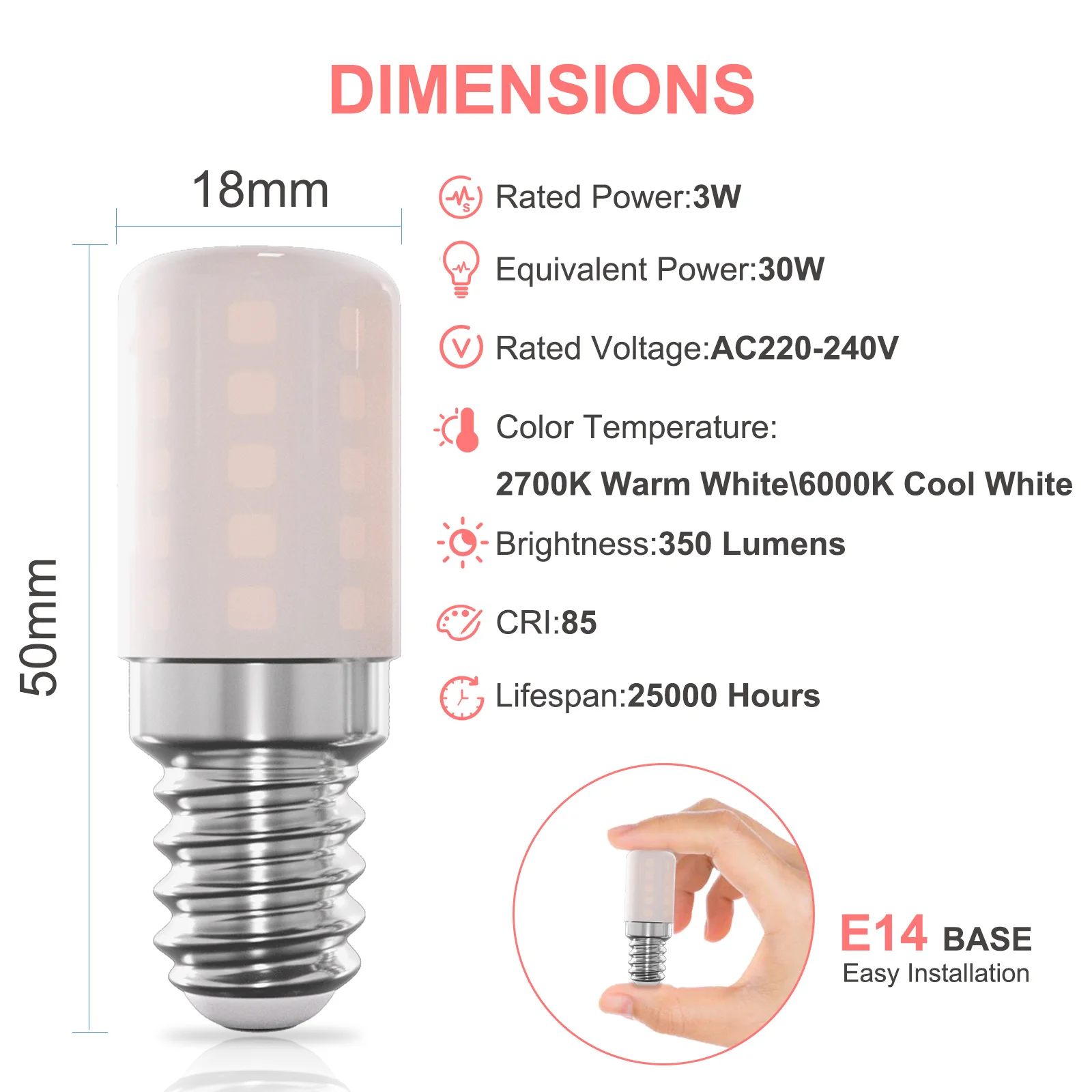 2pcs E14 LED Light Bulbs 220V 3W Refrigerator Lamp 2700K Warm White 6000K Cool White SMD2835 Mini Refrige Cabinet Display Lamps