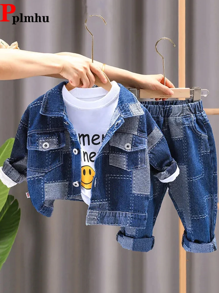 

Vintage Spliced Boys Denim Conjuntos Fashion Loose Jean Jackets Outfit + Children's Harem Vaqueros Streetwear Kids 2 Piece Sets